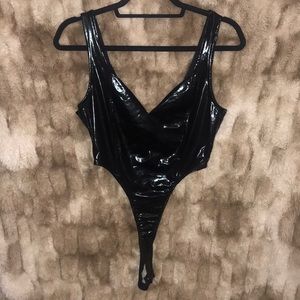 Black leather body suit